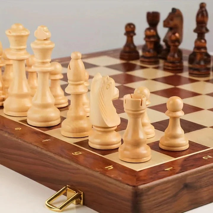 Foldable Wooden Chess Set with Magnetic Closure and Hand Carved Pieces, 15in Board
