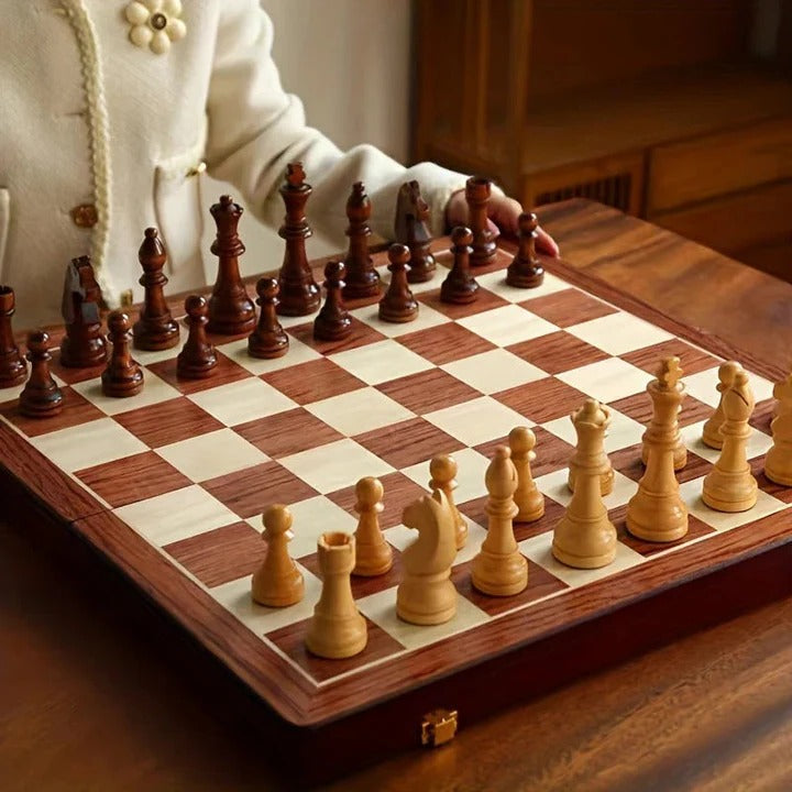 Foldable Wooden Chess Set with Magnetic Closure and Hand Carved Pieces, 15in Board