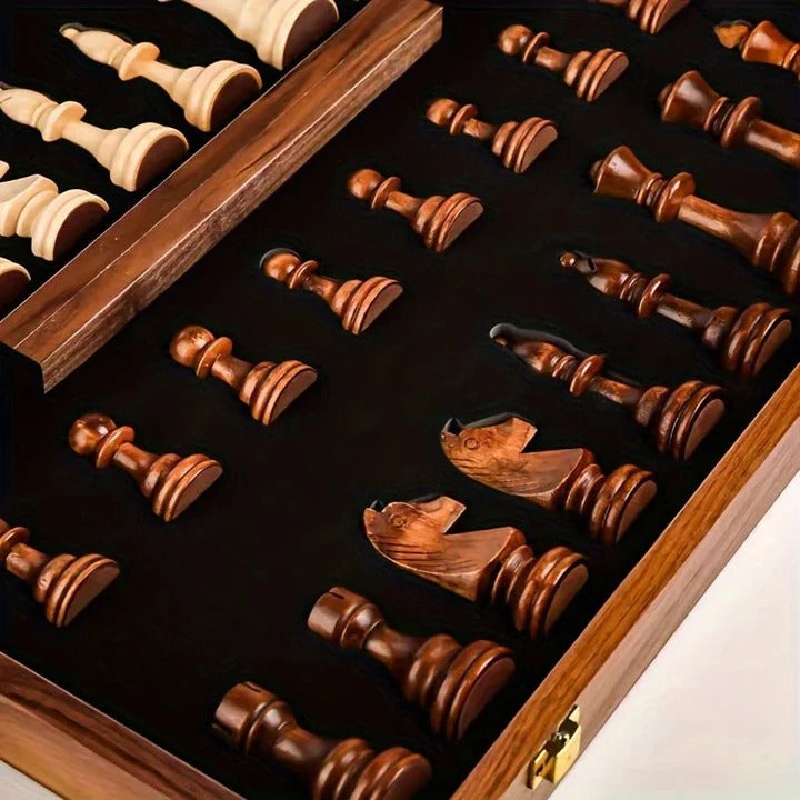 Foldable Wooden Chess Set with Magnetic Closure and Hand Carved Pieces, 15in Board