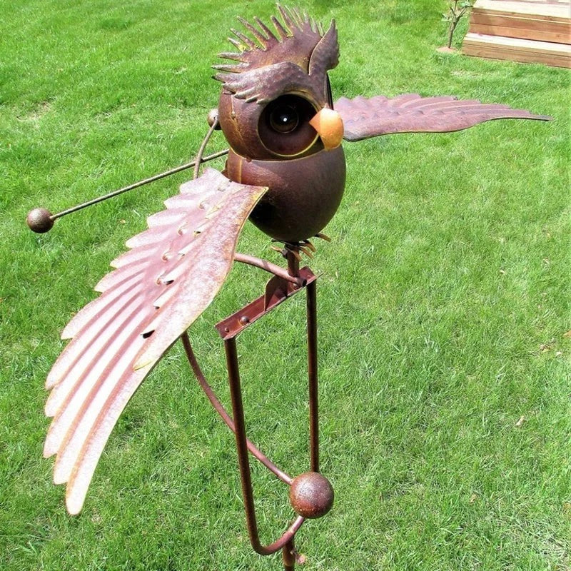 Garden Bird Sculpture with Flapping Wings and Six-Point Ground Stake, Powder-Coated Metal