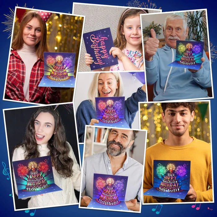 Birthday Greeting Card with 3D Pop-Up Cake and LED Lights, Sound Effects