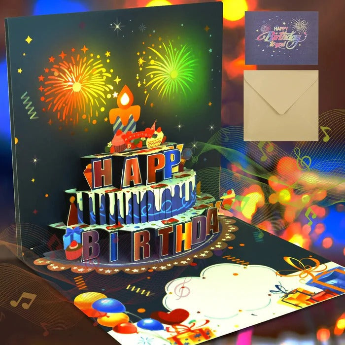 Birthday Greeting Card with 3D Pop-Up Cake and LED Lights, Sound Effects