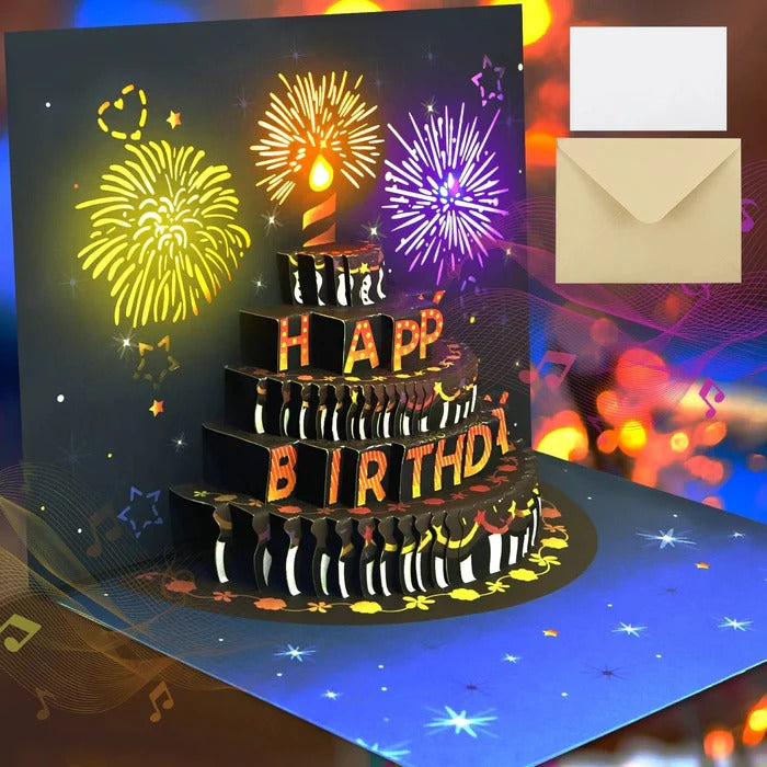 Birthday Greeting Card with 3D Pop-Up Cake and LED Lights, Sound Effects