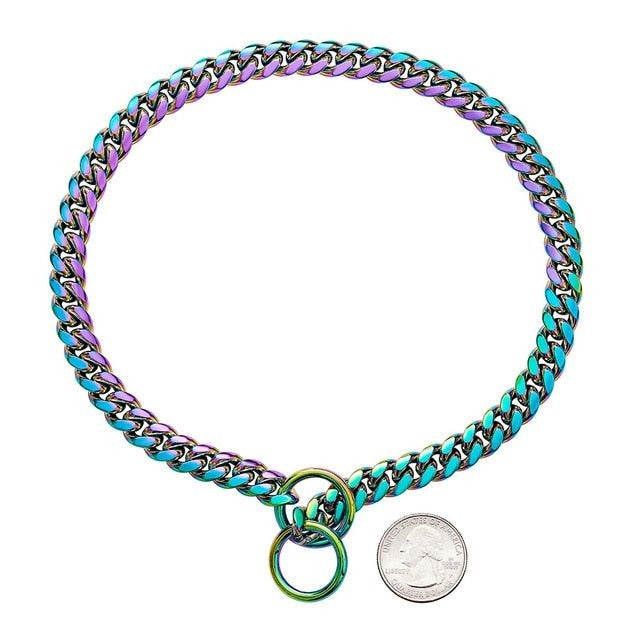 Metal Chain Dog Collar with Solid Links and Hand Polished Finish