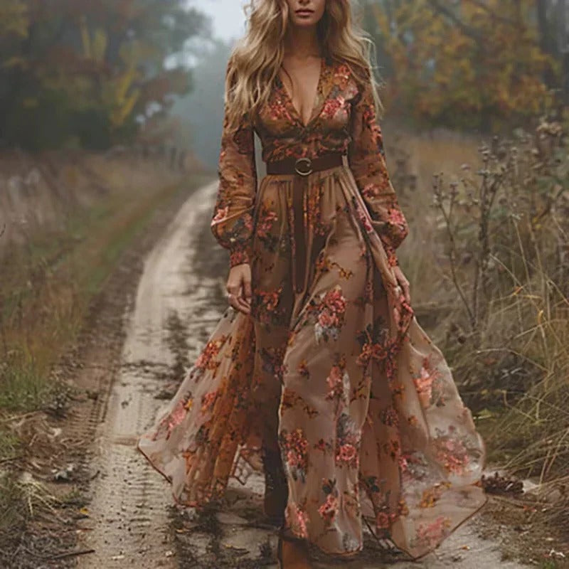 Long Sleeve Floral Maxi Dress with Tiered Skirt and Relaxed Fit