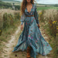 Long Sleeve Floral Maxi Dress with Tiered Skirt and Relaxed Fit
