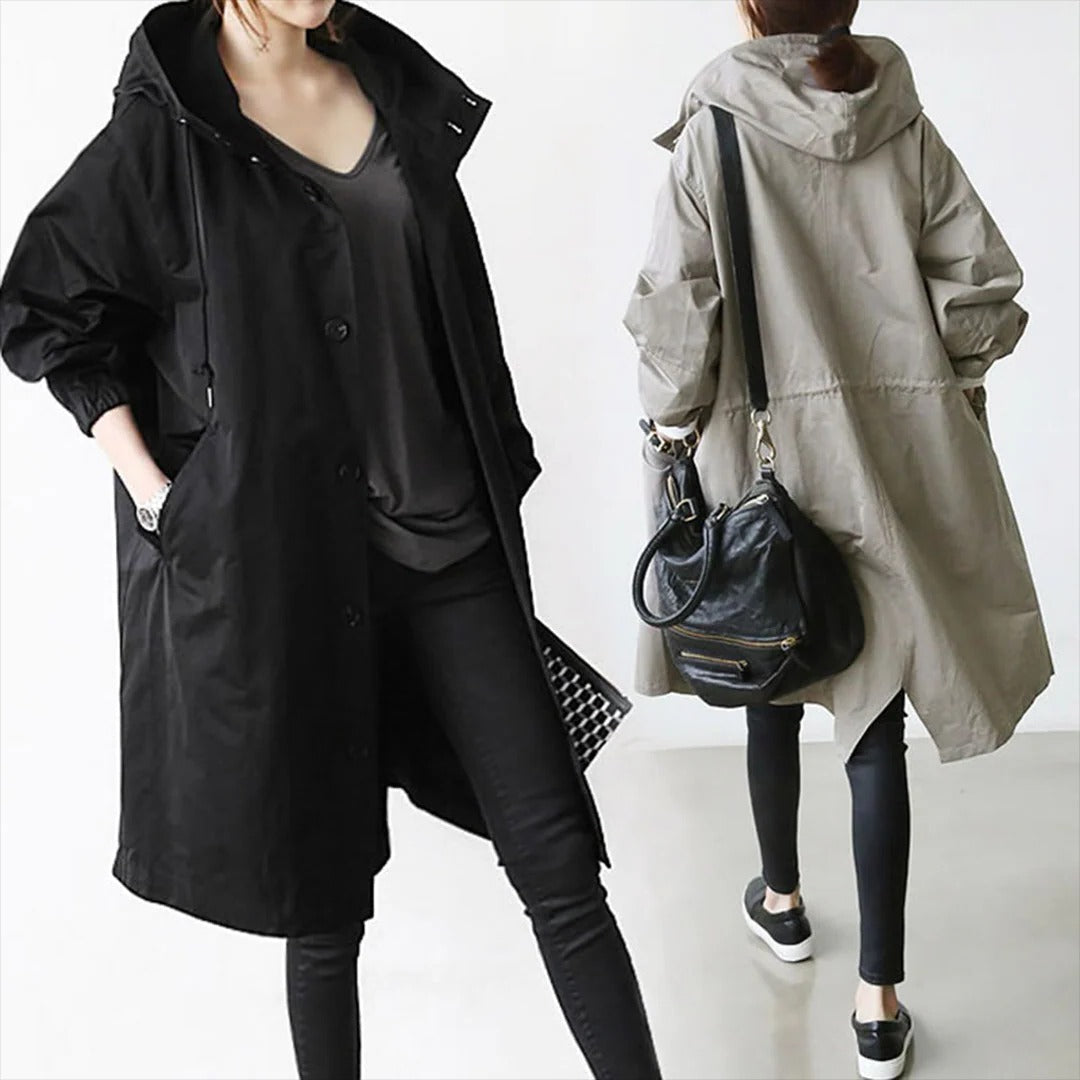 Mid Length Rain Jacket with Adjustable Hood and Large Side Pockets