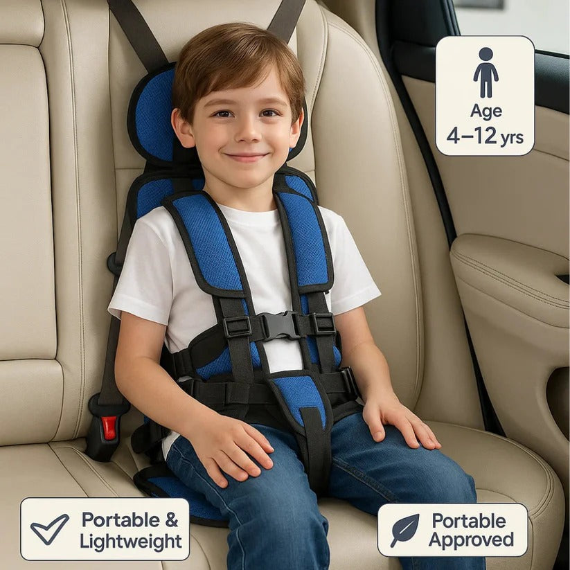 Portable Child Travel Seat with Five-Point Harness and Foldable Design, Ages 1-14