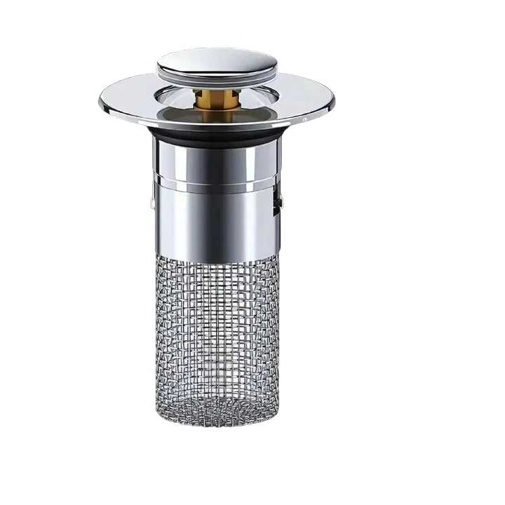 Pop Up Sink Stopper with Dual-Layer Odor Seal and Integrated Strainer, Toolless Install
