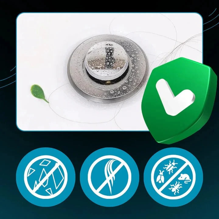 Pop Up Sink Stopper with Dual-Layer Odor Seal and Integrated Strainer, Toolless Install