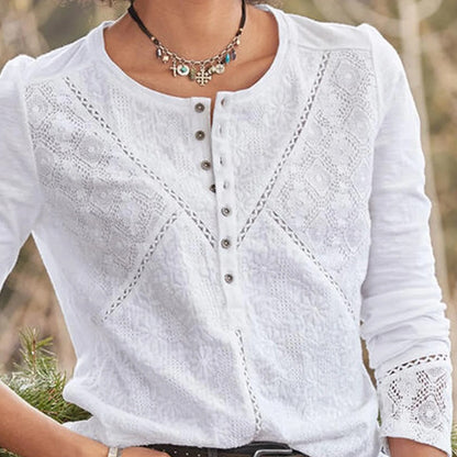 Long Sleeve Crew Neck Shirt with Lace Texture and Relaxed Fit