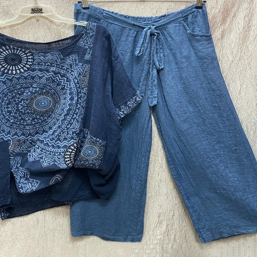 Women's Two Piece Set with Geometric Print and High Waist Wide Leg Pants