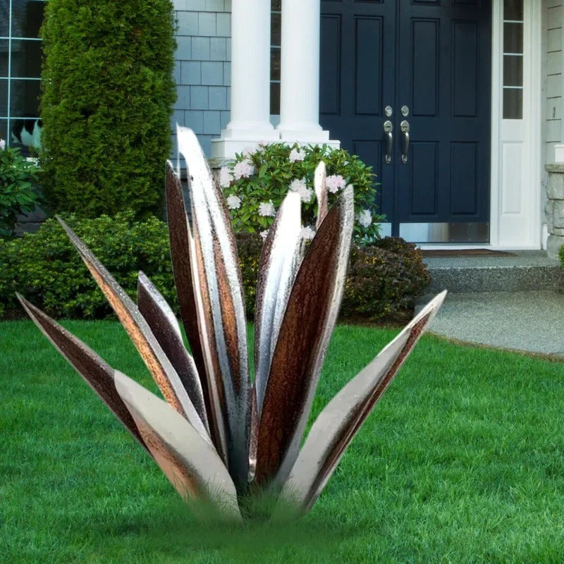 Metal Agave Sculpture with Weather-Resistant Steel and Rustic Metallic Finish, Large
