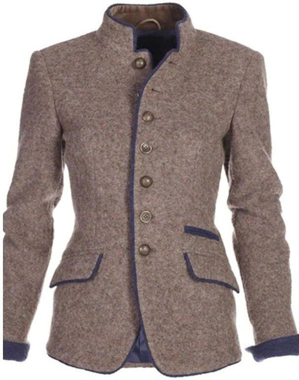 Two Tone Stand Collar Blazer with Tailored Fit and Button Front Closur