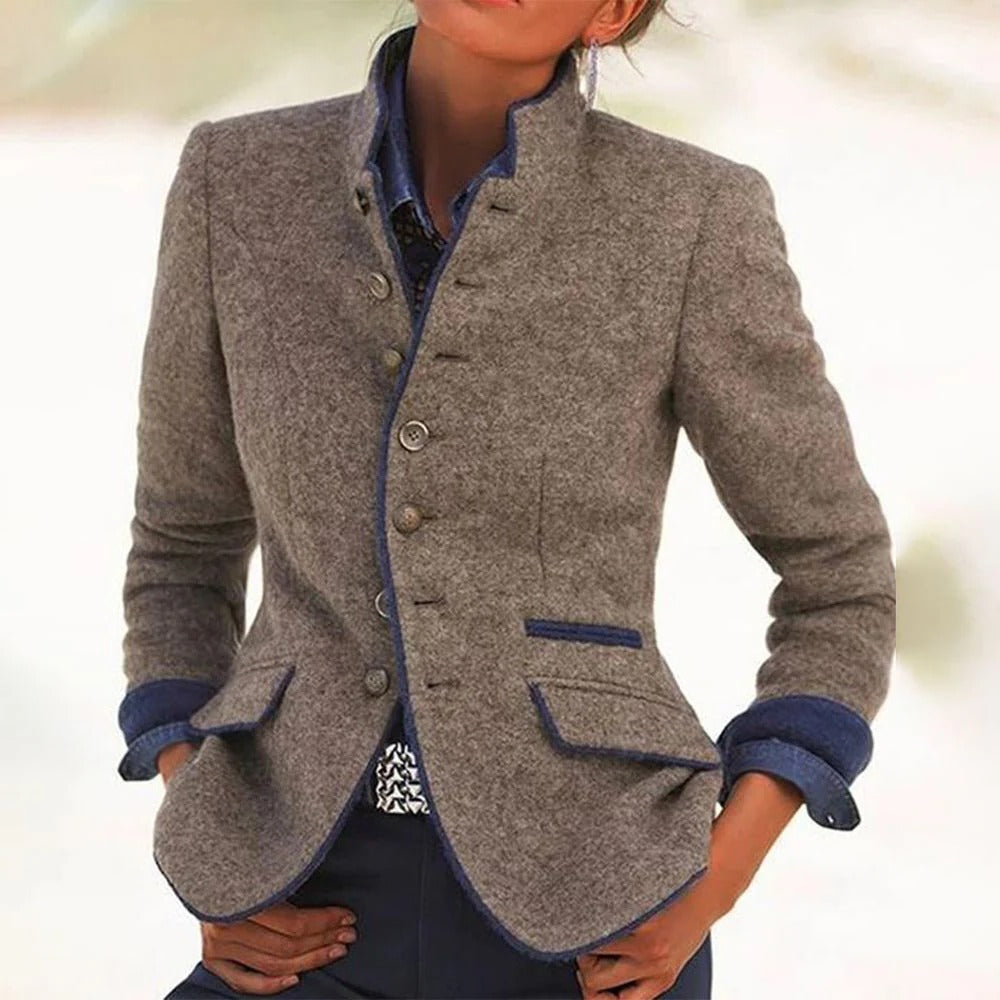 Two Tone Stand Collar Blazer with Tailored Fit and Button Front Closure