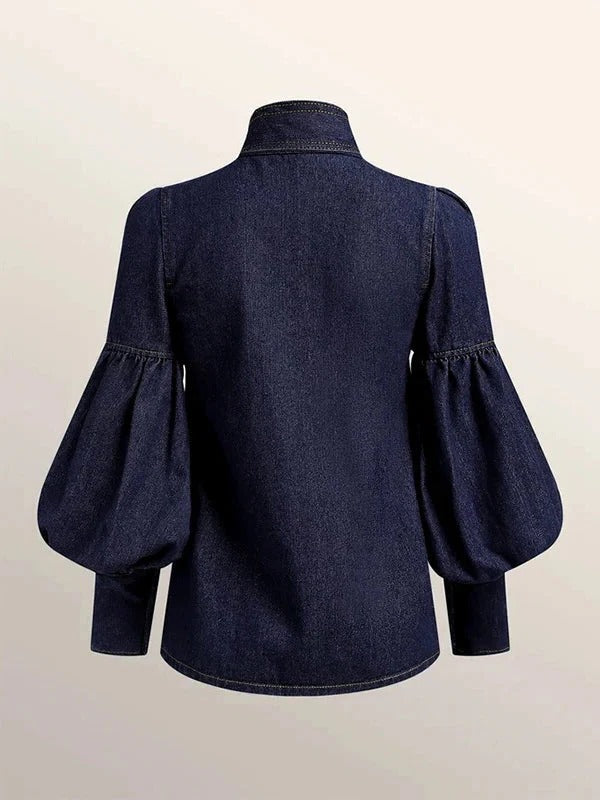 Fitted Blouse with Adjustable Bow Tie and Puff Sleeves, Gathered Cuffs