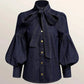 Fitted Blouse with Adjustable Bow Tie and Puff Sleeves, Gathered Cuffs