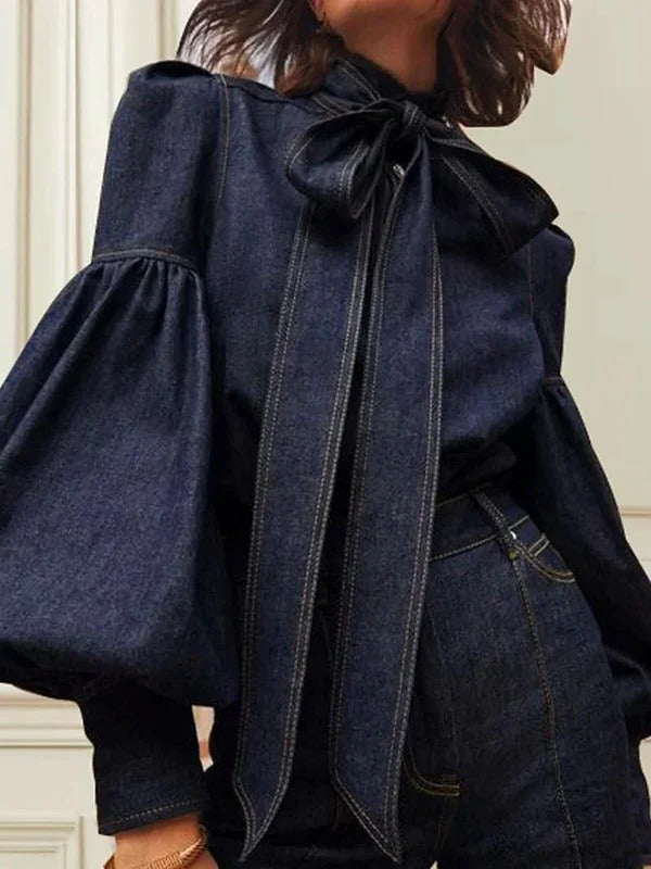Fitted Blouse with Adjustable Bow Tie and Puff Sleeves, Gathered Cuffs