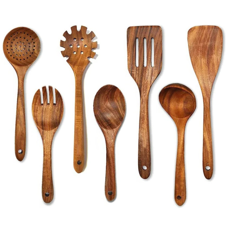 Teak Kitchen Utensil Set with Food-Safe Finish and Rounded Pan-Safe Edges, 4-Piece