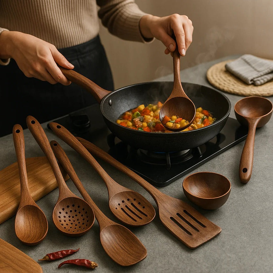 Teak Kitchen Utensil Set with Food-Safe Finish and Rounded Pan-Safe Edges, 4-Piece