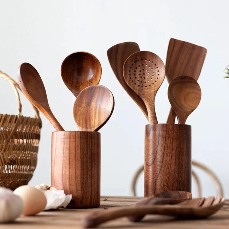 Teak Kitchen Utensil Set with Food-Safe Finish and Rounded Pan-Safe Edges, 4-Piece