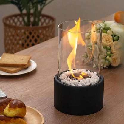 Ethanol Tabletop Fireplace with Glass Cylinder and Flame Snuffer