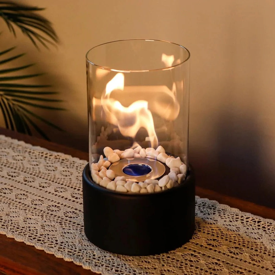 Ethanol Tabletop Fireplace with Glass Cylinder and Flame Snuffer