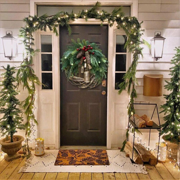 Seasonal Wreath with Pinecones, Berries and Golden Bells, 17in Diameter