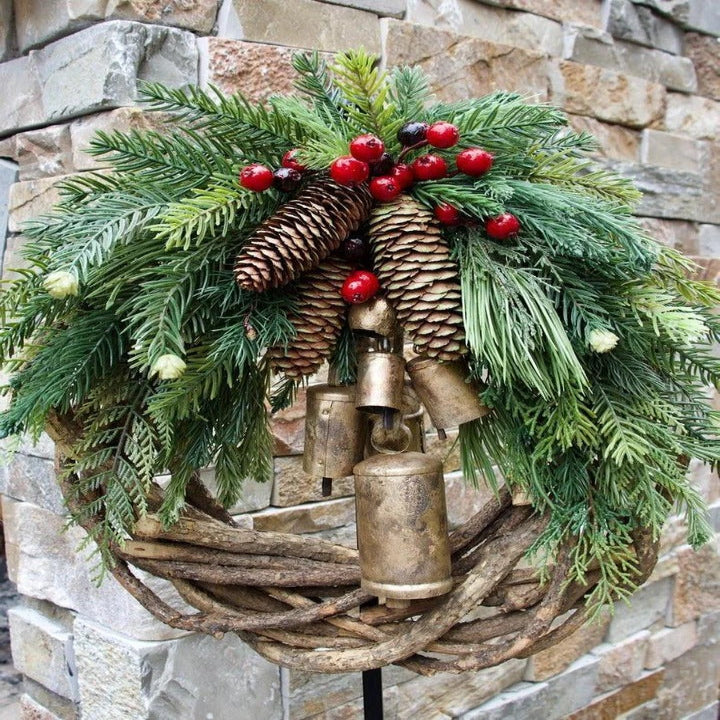 Seasonal Wreath with Pinecones, Berries and Golden Bells, 17in Diameter