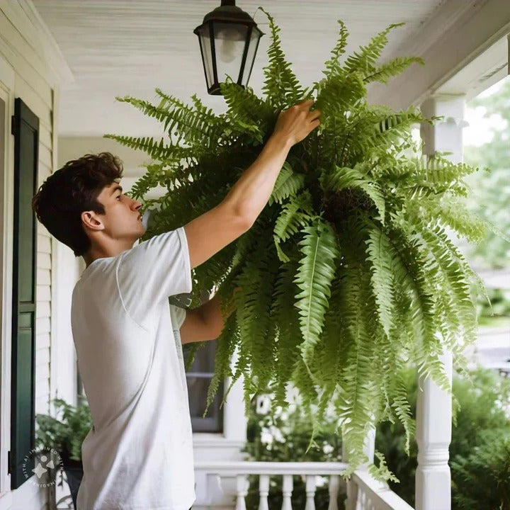 Artificial Boston Fern with UV-Resistant Leaves and 18 Full Fronds, Washable Stems