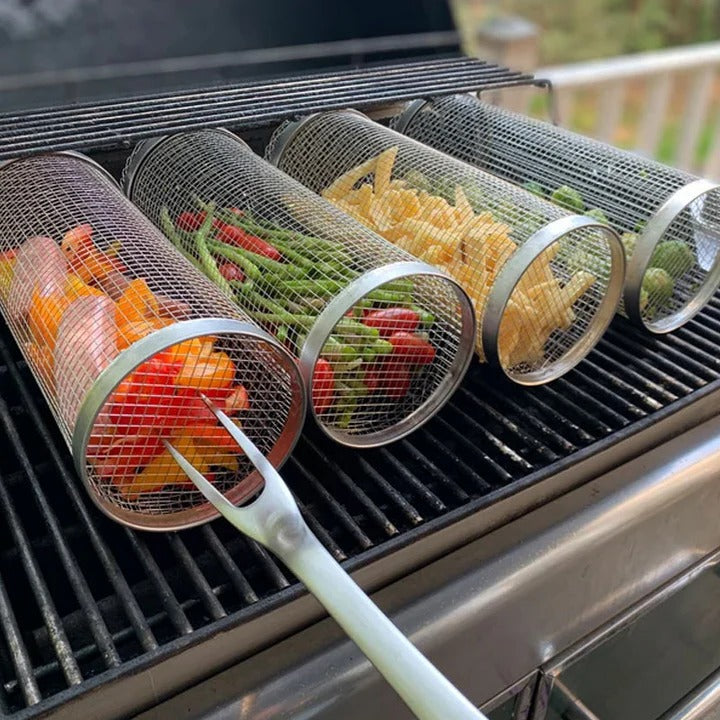 Rotisserie Grill Basket with Movable Door and 360 Degree Rotation, Stainless Steel Mesh