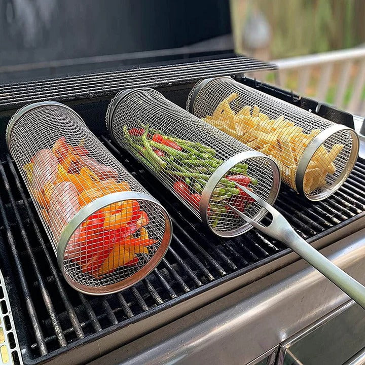 Rotisserie Grill Basket with Movable Door and 360 Degree Rotation, Stainless Steel Mesh
