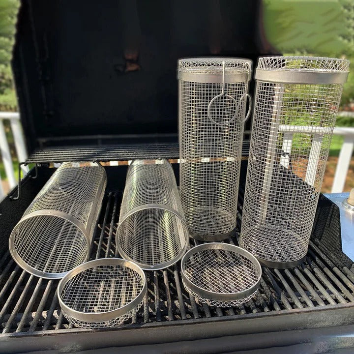 Rotisserie Grill Basket with Movable Door and 360 Degree Rotation, Stainless Steel Mesh