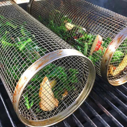 Rotisserie Grill Basket with Movable Door and 360 Degree Rotation, Stainless Steel Mesh