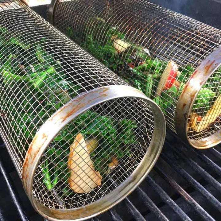 Rotisserie Grill Basket with Movable Door and 360 Degree Rotation, Stainless Steel Mesh