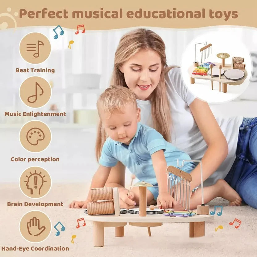 Wooden Drum Kit with 8-Note Xylophone and Cymbal, Toddler Musical Instruments