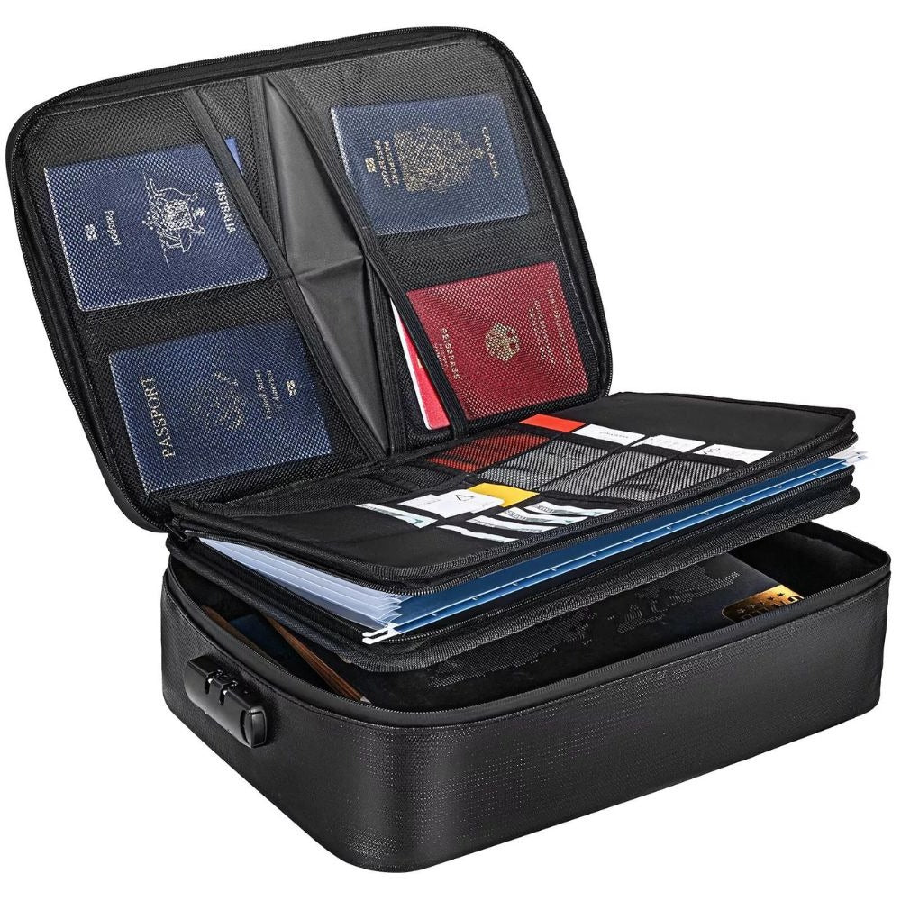 Fire and Water Resistant Document Storage Bag with Built-in Lock and Three Interior Compartments