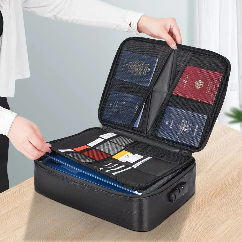 Fire and Water Resistant Document Storage Bag with Built-in Lock and Three Interior Compartments