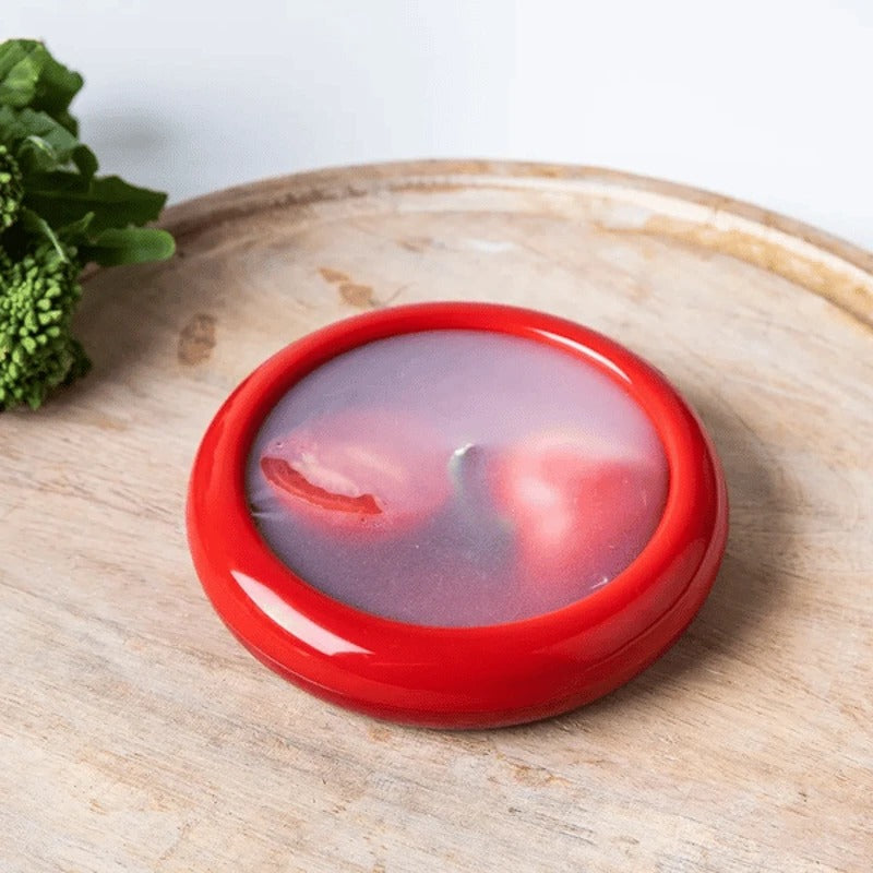 Produce Storage Container with Flexible Stretch Lid and Rounded Shape