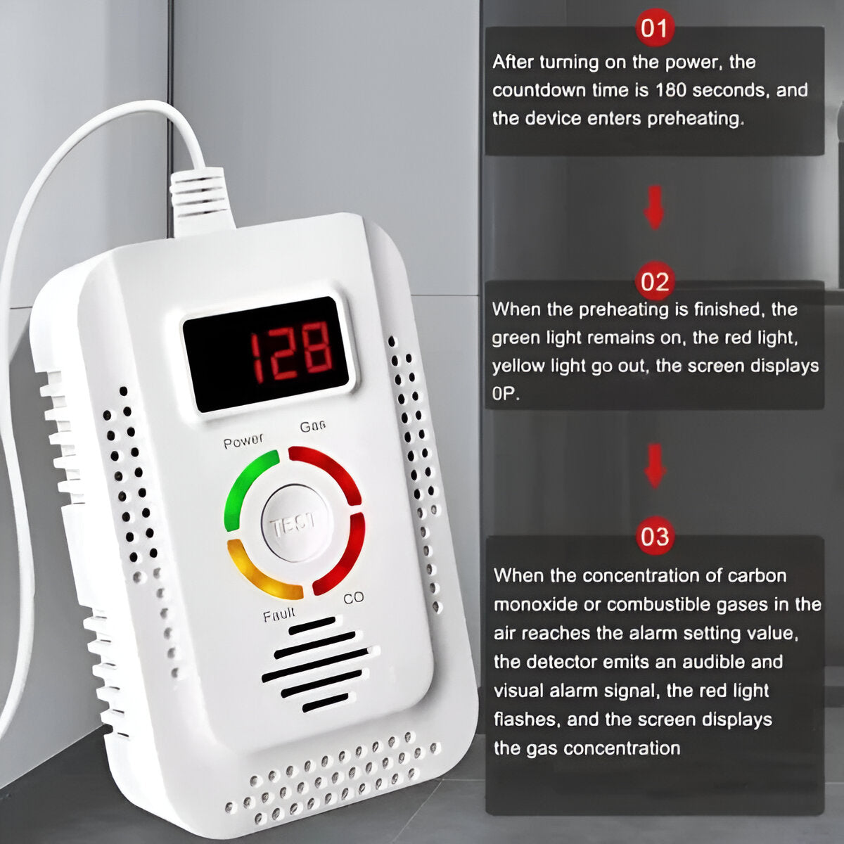 Natural Gas and Carbon Monoxide Detector with Digital Display and Audible Alert