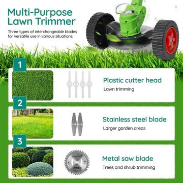 Cordless Battery-Powered Grass Trimmer with Adjustable Shaft and Multi-Angle Cutting Head