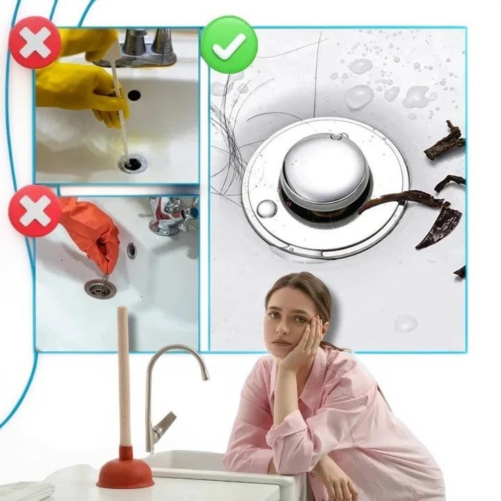 Pop Up Sink Stopper with Dual-Layer Odor Seal and Integrated Strainer, Toolless Install