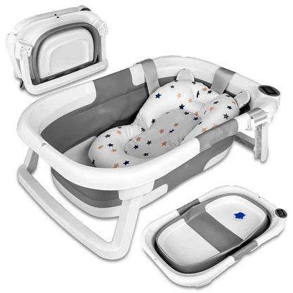 Newborn Bathing Tub with Temperature Alert and Soft Mat, Foldable Design