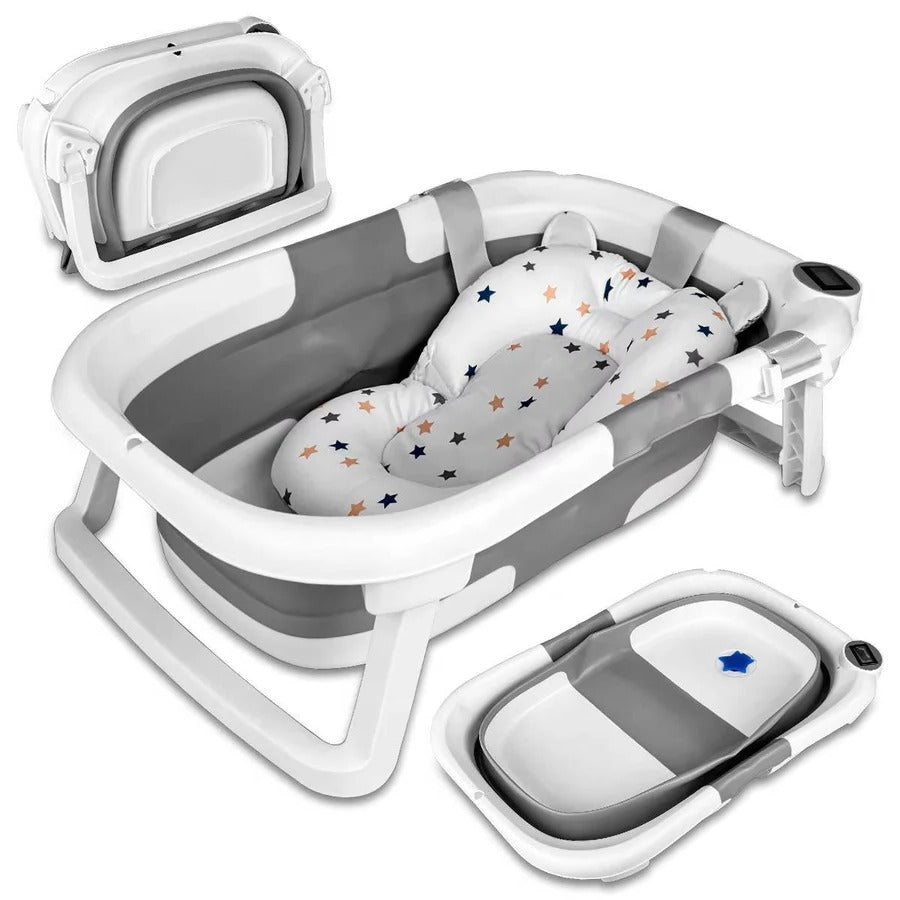Newborn Bathing Tub with Temperature Alert and Soft Mat, Foldable Design