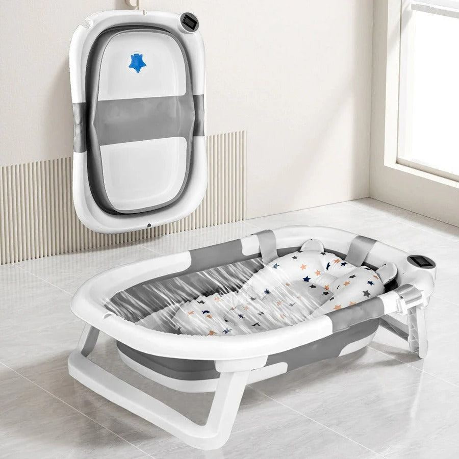 Newborn Bathing Tub with Temperature Alert and Soft Mat, Foldable Design