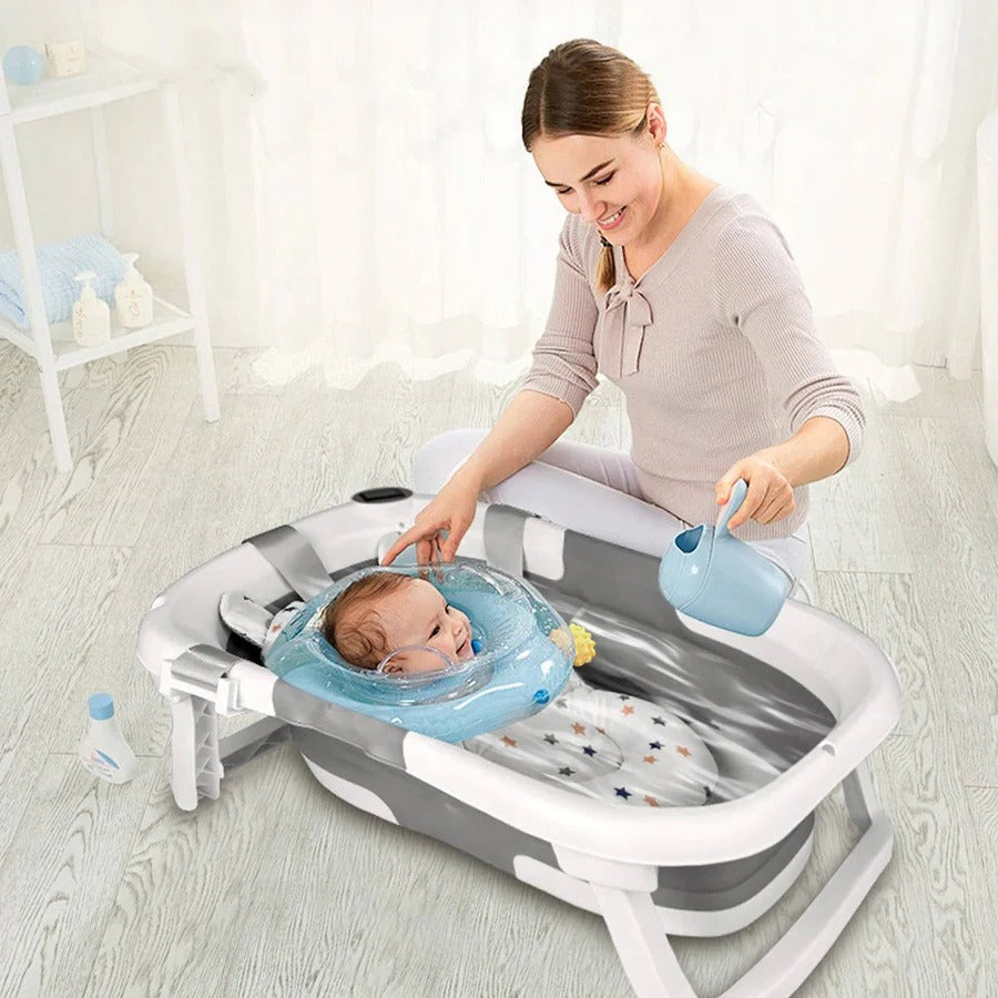 Newborn Bathing Tub with Temperature Alert and Soft Mat, Foldable Design