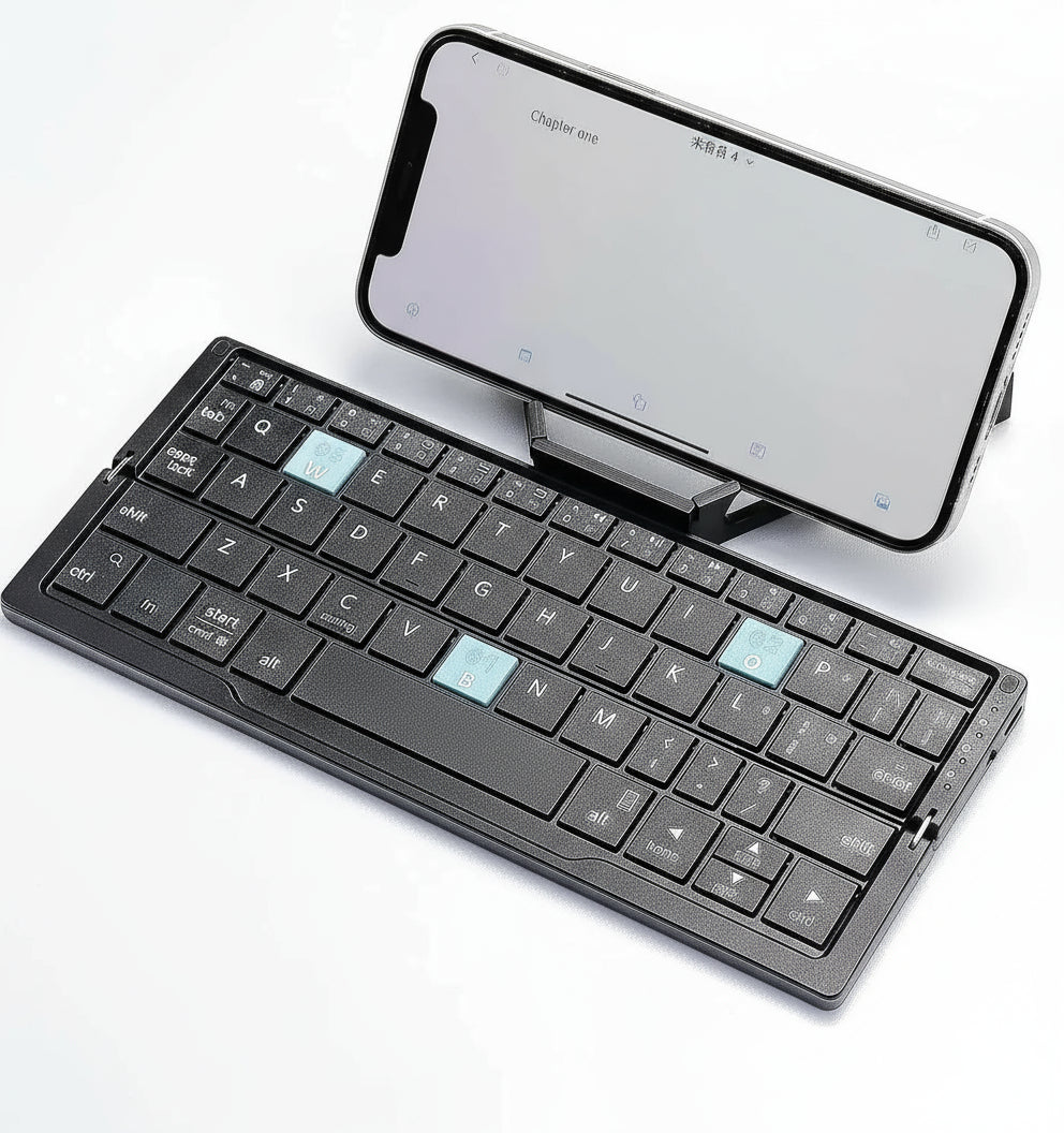 Wireless Folding Keyboard with Rotating Device Stands and Multi-Device Memory