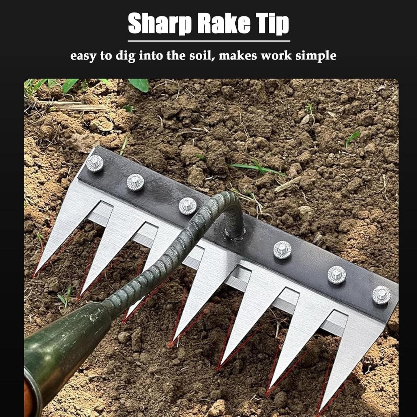 Garden Weeding Rake with Carbon Steel Head and Soft Grip, 5-8 Tooth Options