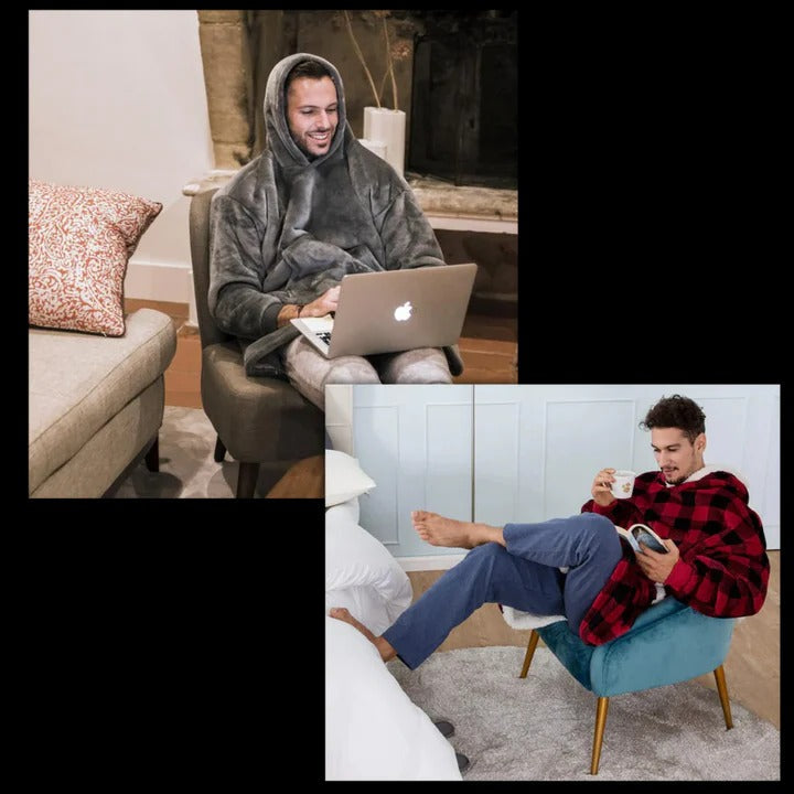 Wearable Blanket Hoodie with Front Pocket and Extended Sleeves for Adults