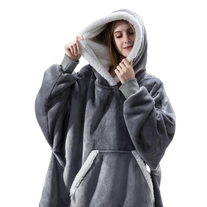 Wearable Blanket Hoodie with Front Pocket and Extended Sleeves for Adults